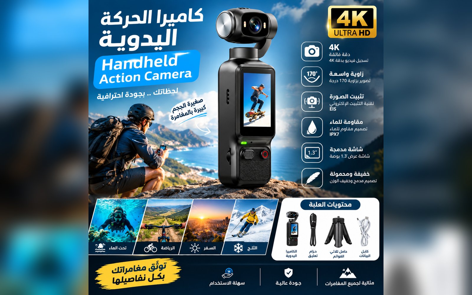اقل سعر بالمملكه كاميرا ⁦⁦4K⁩⁩ متحركه صغيرة عملية وسهلة الحمل لتصوير رحلاتك ومغامراتك