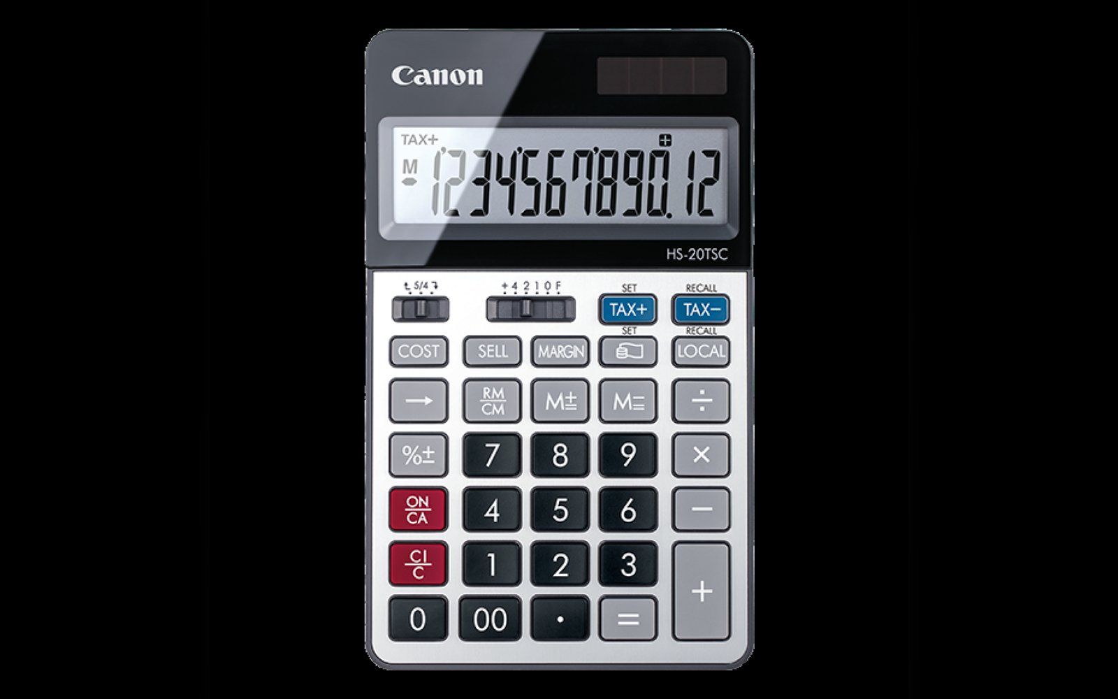 Canon HS20TSC Desktop Calculator Black and Silver 12 Digit Display with Tax Calculation, GT Key, and Solar Power Operation for Efficient Office and Home Use