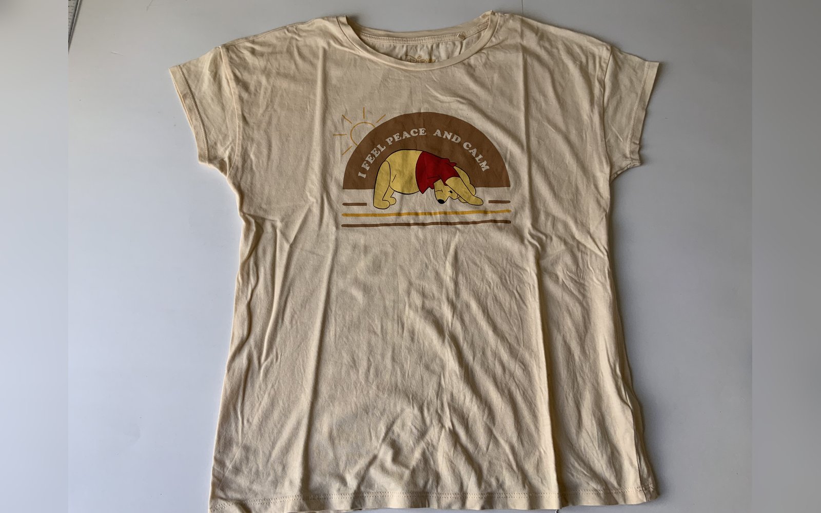 Disney Winnie The Pooh T-Shirt Women's Size S Beige Graphic Tee "I Feel Peace And Calm"