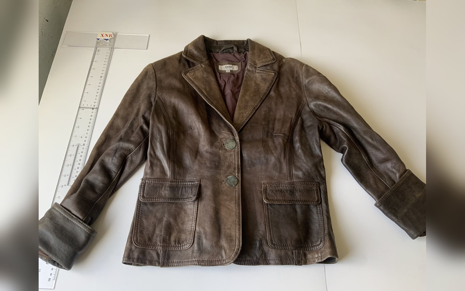 ANNA Women Brown Real Leather Blazer Jacket Size 40 Button Up Front Pockets
