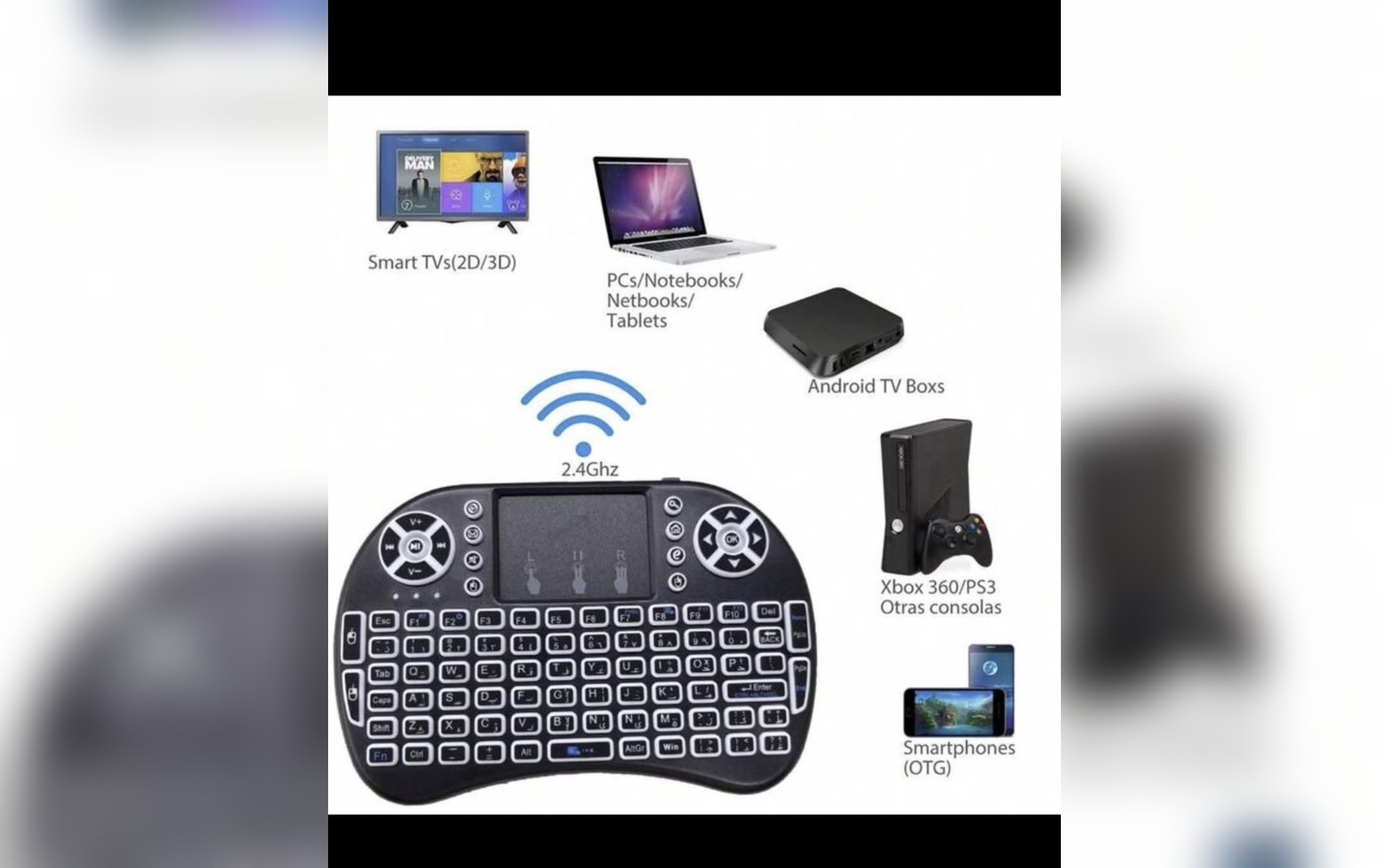 لوحة مفاتيح لاسلكية صغيرة 2.4 جيجاهرتز مع لوحة اللمس ولوحة المفاتيح QWERTY، وريموت كنترول عربي، وإضاءة خلفية LED