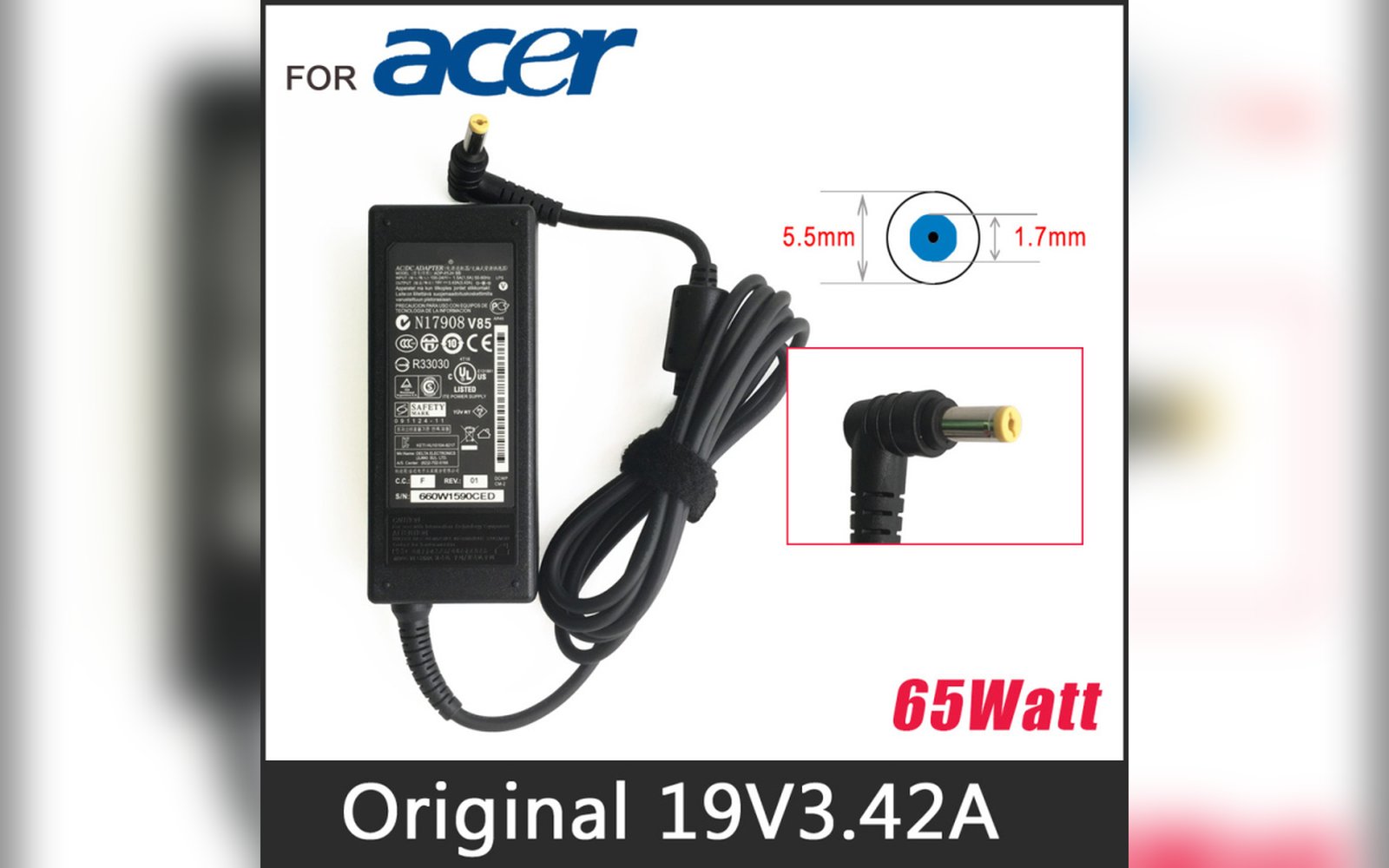 شاحن لابتوب 5.5*1.7 19V3.42A اصلي acer