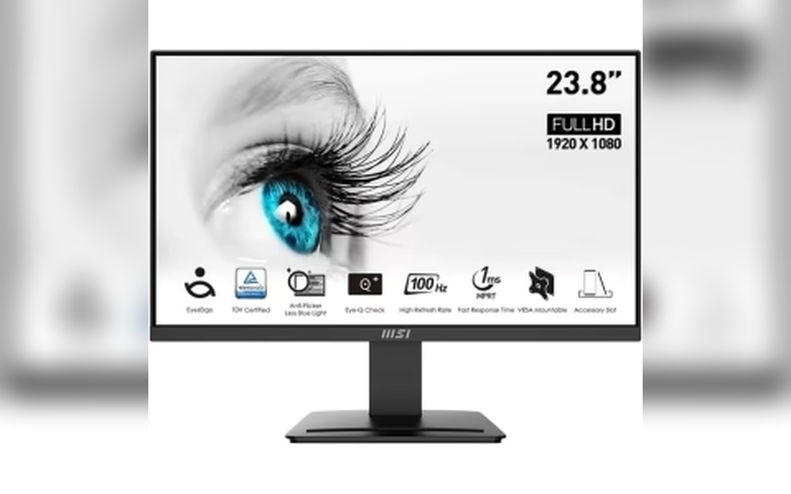 شاشة MSI PRO MP2412، مقاس 24 بوصة، بدقة 1920 × 1080 (FHD)، تدعم تقنية FreeSync، ومعدل تحديث 100 هرتز، حاصلة على شهادة TÜV لحماية العين، زمن استجابة 1 مللي ثانية، قابلة للتركيب على حامل VESA، مزودة بمنفذ HDMI™ ومنفذ DisplayPort (1.2a)، لون أسود