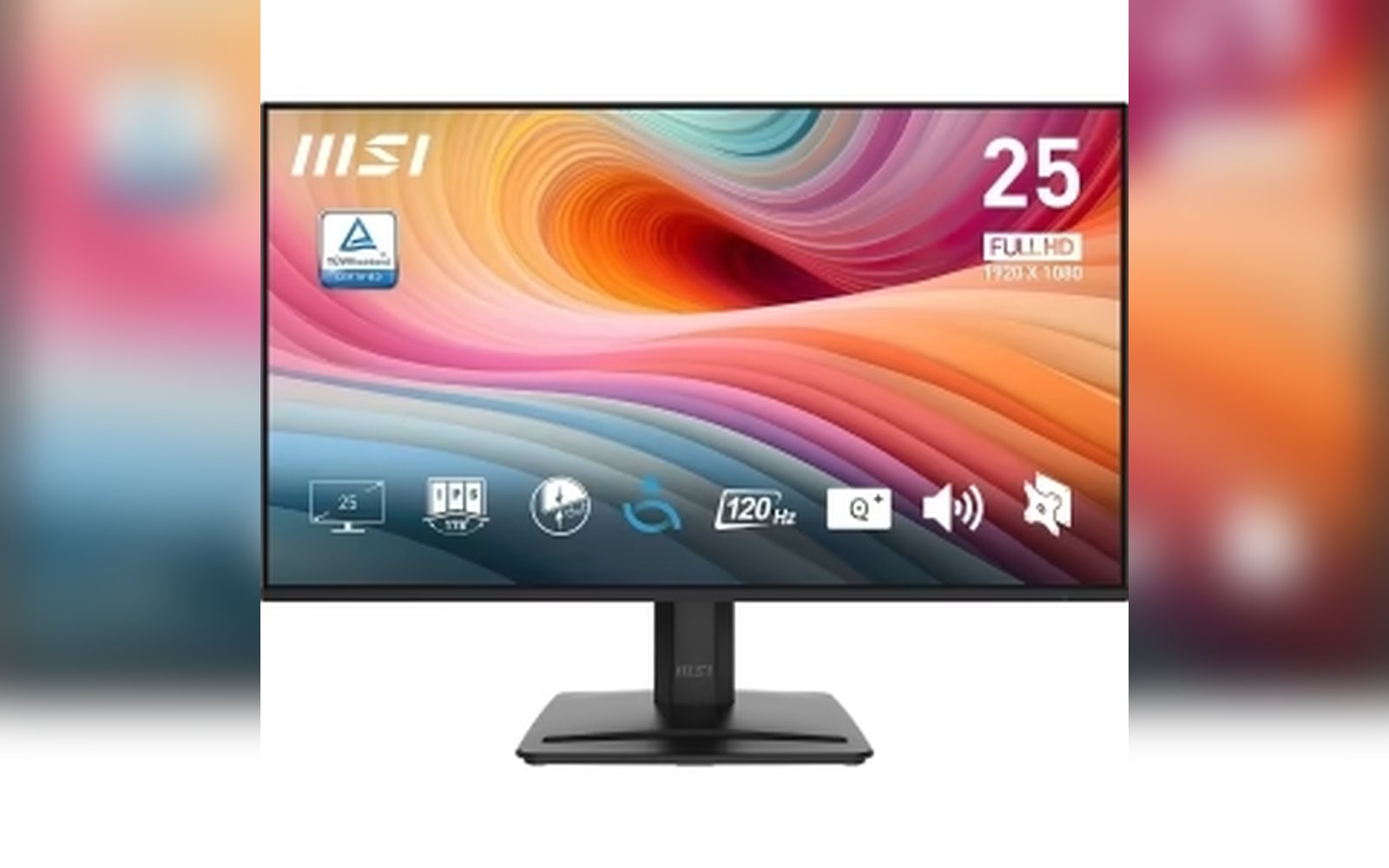 شاشة MSI PRO MP251 E2 مقاس 24.5 بوصة بتقنية IPS ودقة 1920 × 1080 (FHD)، ومعدل تحديث 120 هرتز، وتقنية Adaptive-Sync، ودعم HDR، ومنفذ HDMI، ومنفذ VGA، ومنفذ DisplayPort، وقابلة للتركيب على حامل VESA.